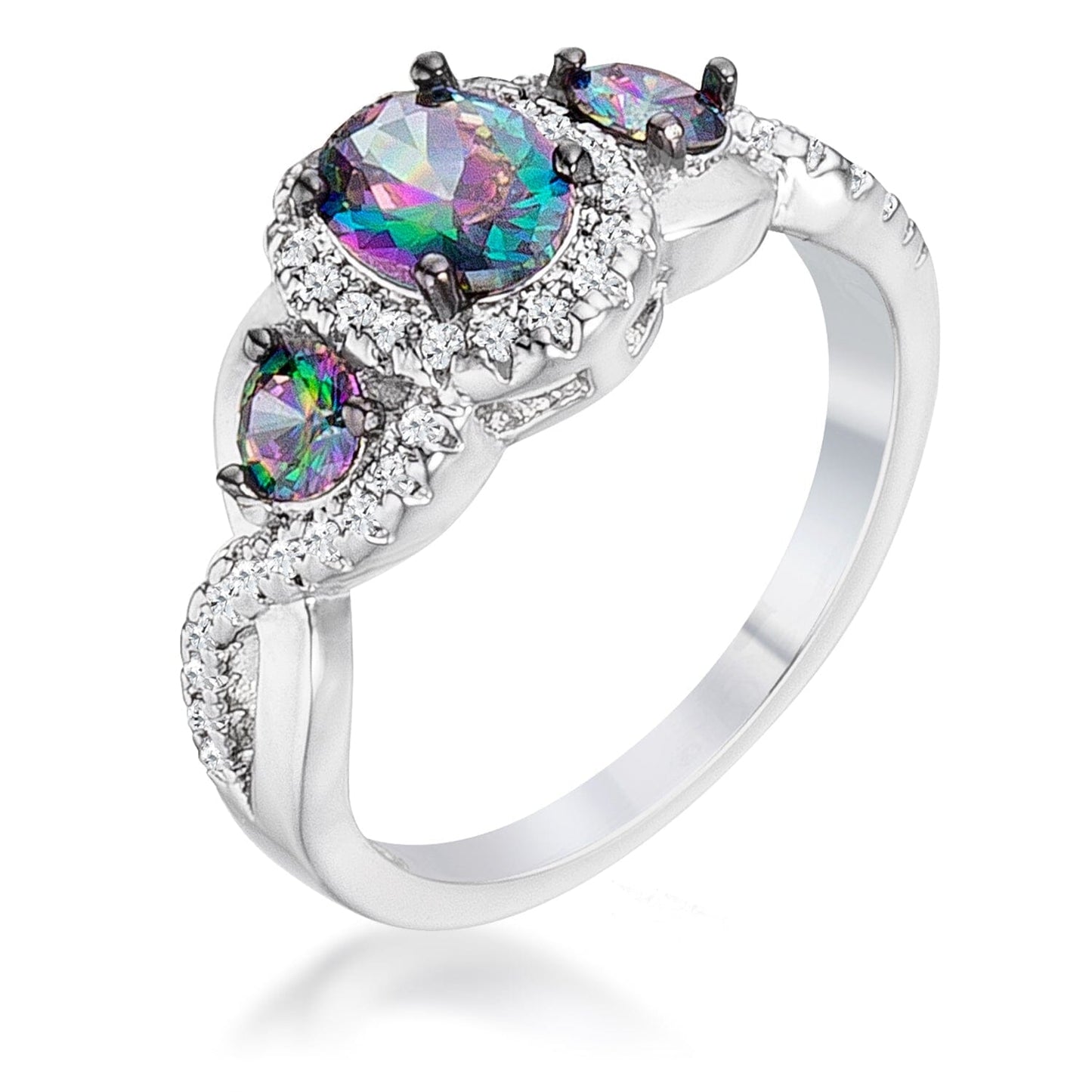 1.43Ct Rhodium & Hematite Plated Mystic & Clear Cubic Zirconia Three Stone Twisted Shank Ring Rings Das Juwel