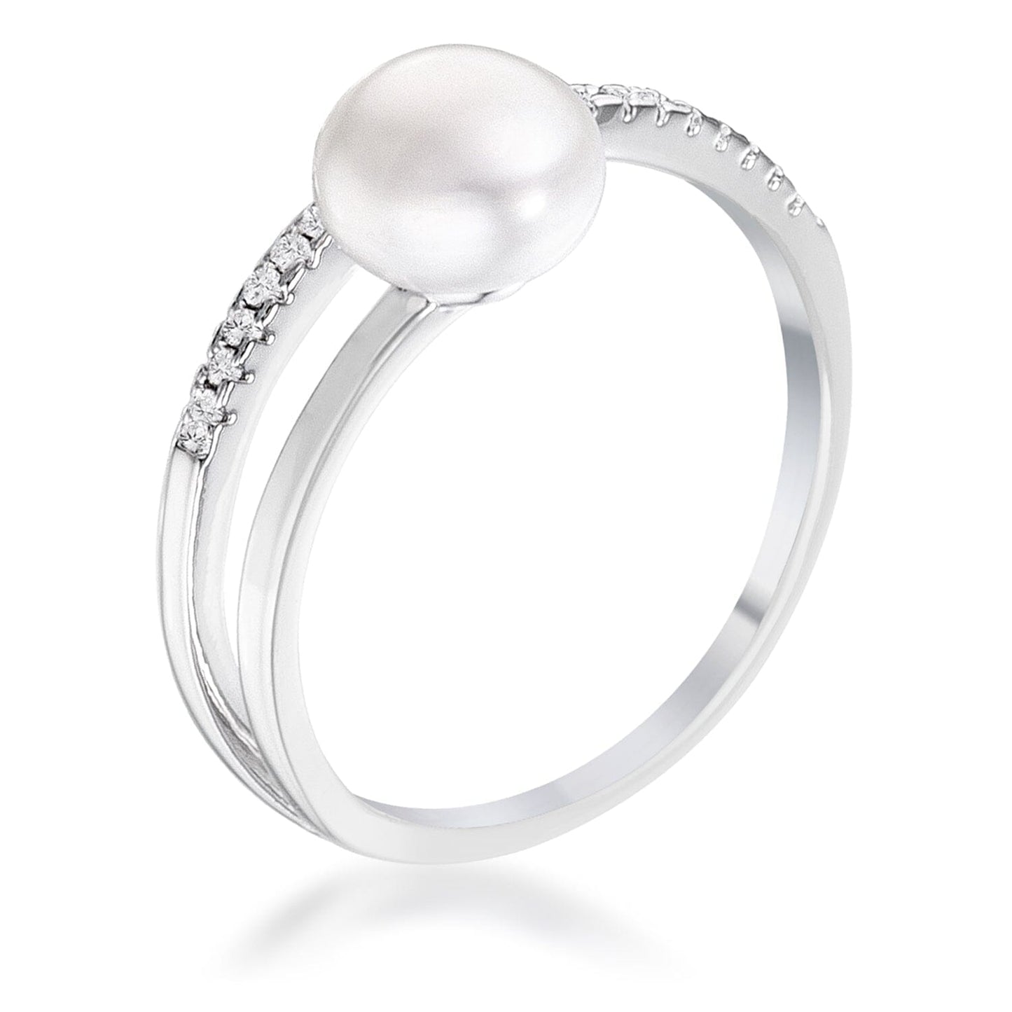 .15Ct Rhodium Plated Freshwater Pearl Ring With Cubic Zirconia Micro Pave Band