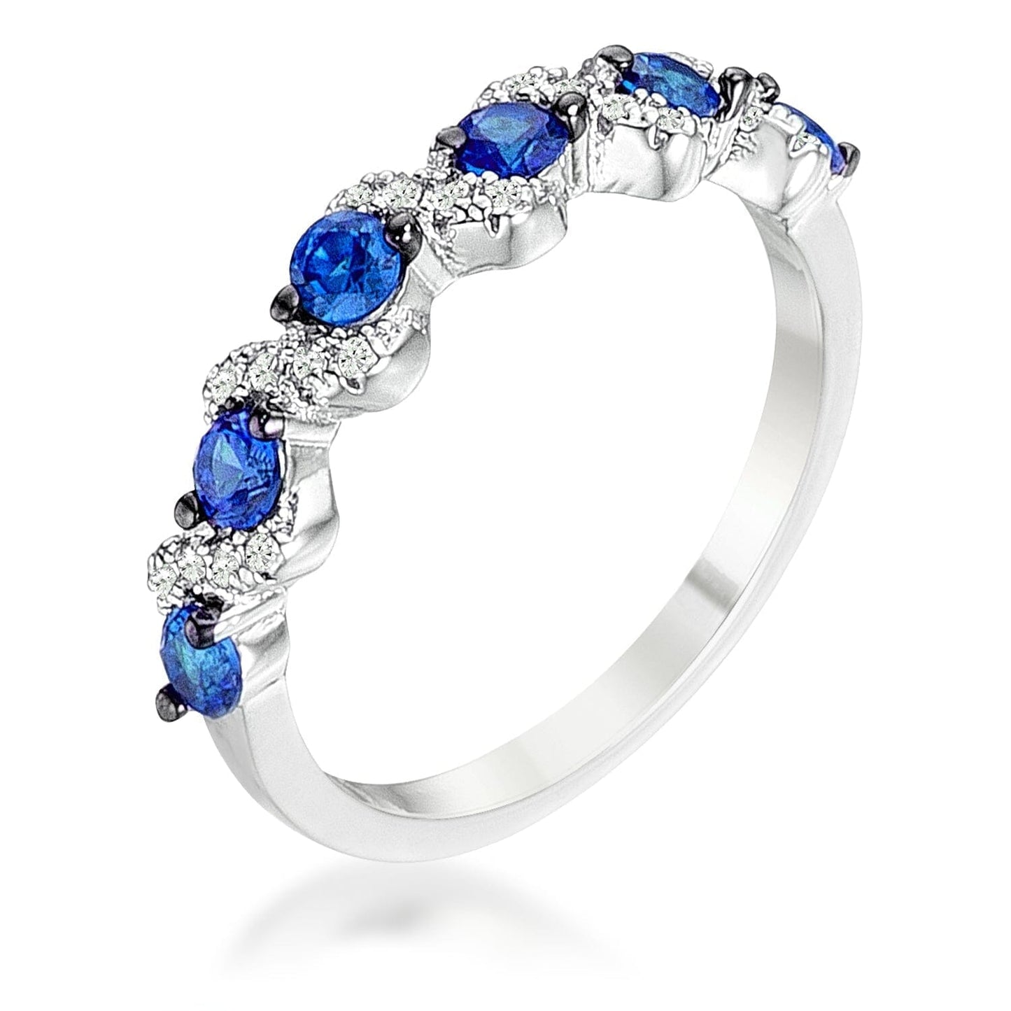.18Ct Rhodium and Hematite Plated S Shape Sapphire Blue and Clear Cubic Zirconia Half Eternity Band Rings Das Juwel