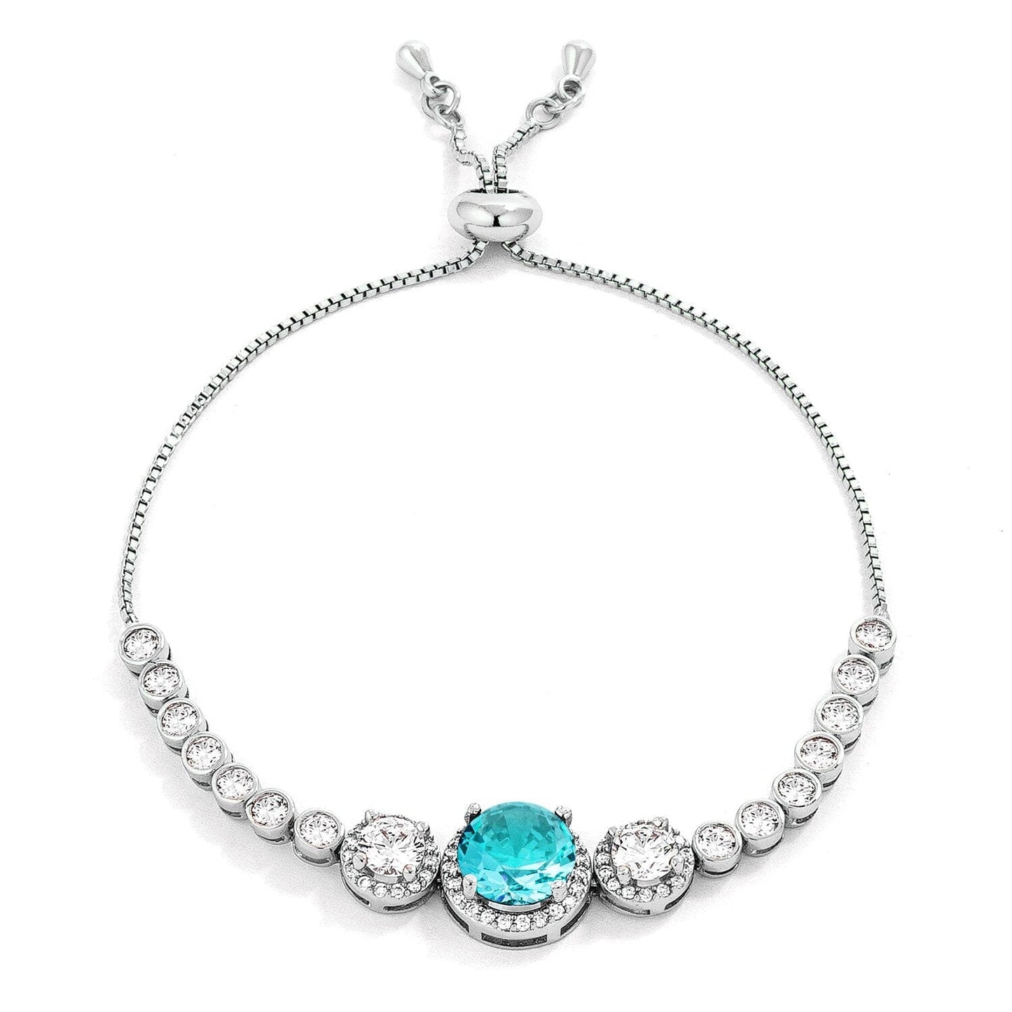 Adjustable Rhodium Plated Graduated Aqua Cubic Zirconia Bolo Style Tennis Bracelet