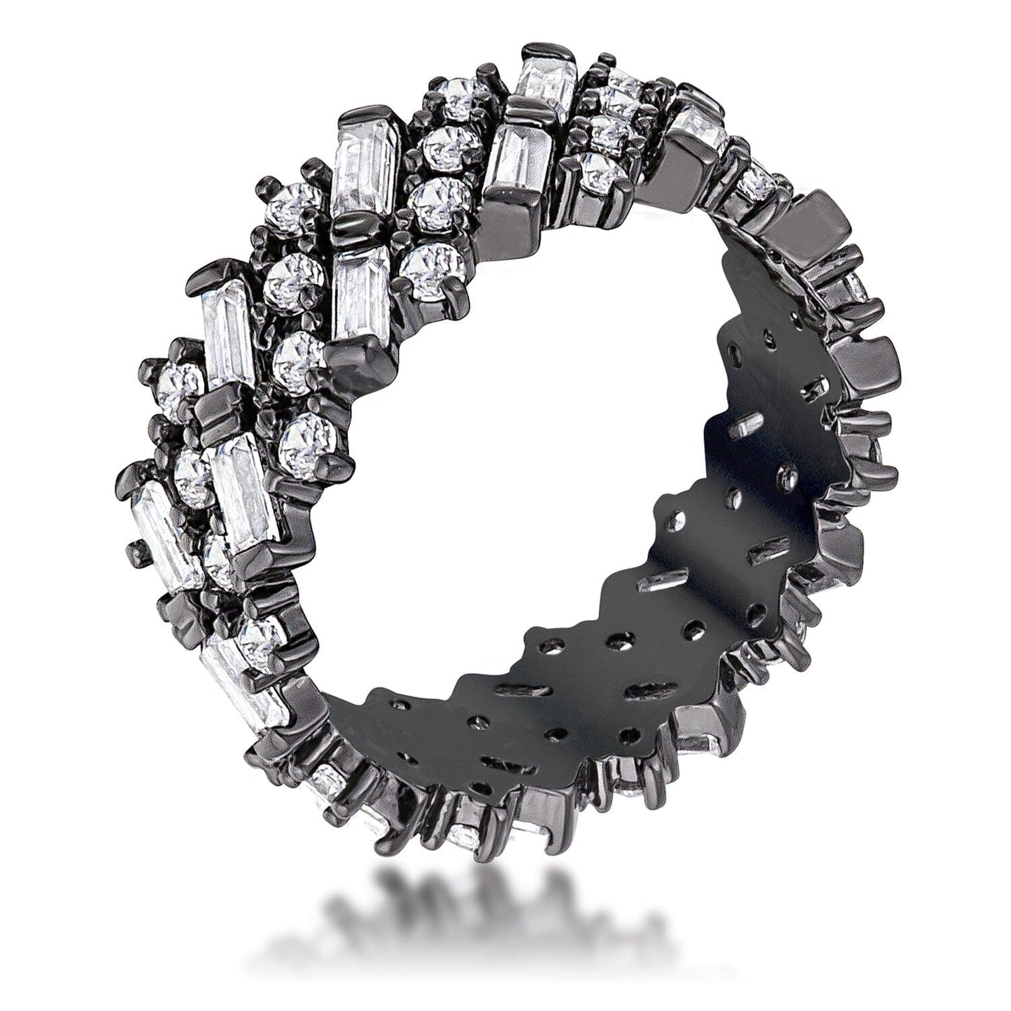 Hematite Clear Cubic Zirconia Alternating Baguette Round Eternity Band