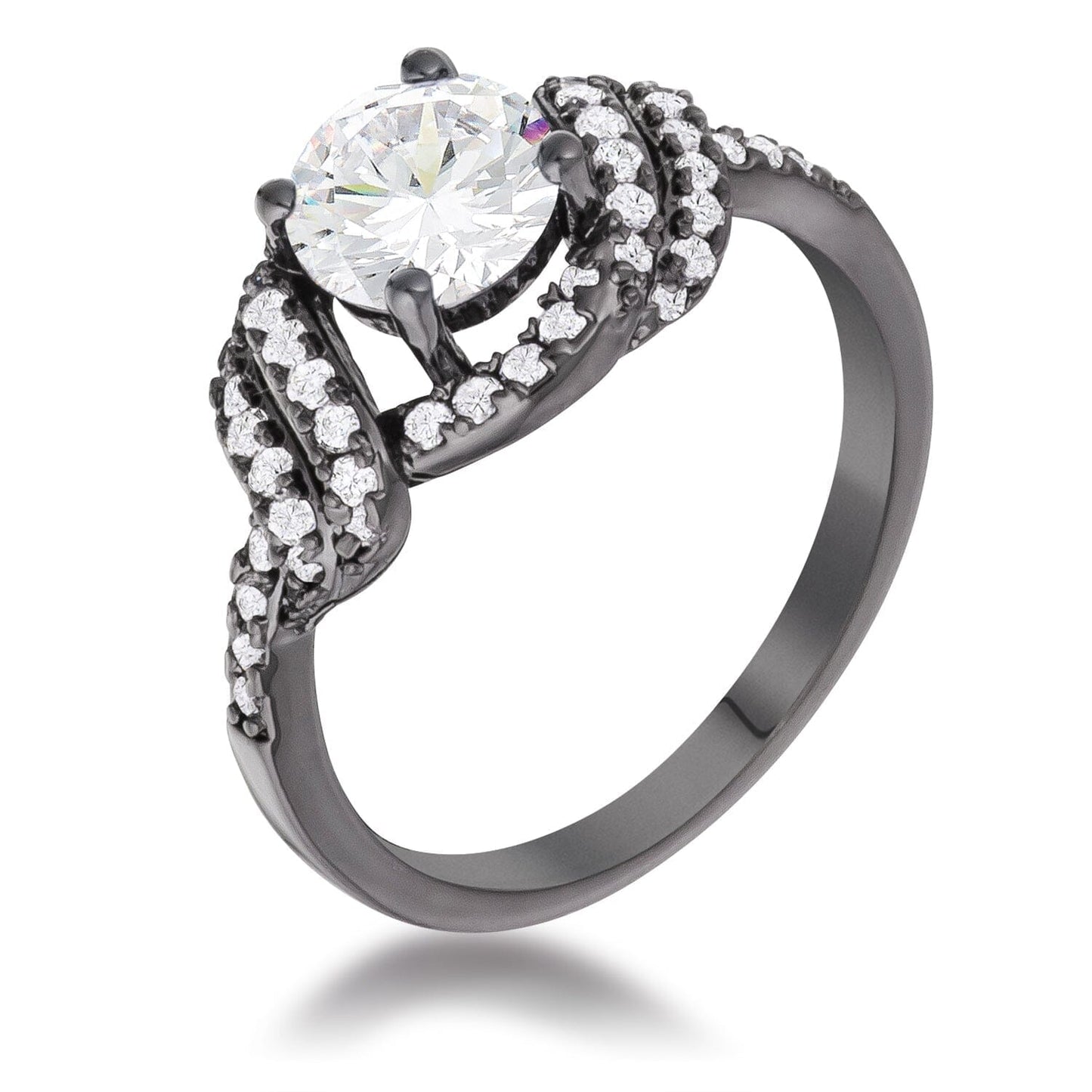 Hematite Clear Cubic Zirconia Round Parallel Pave Twist Ring