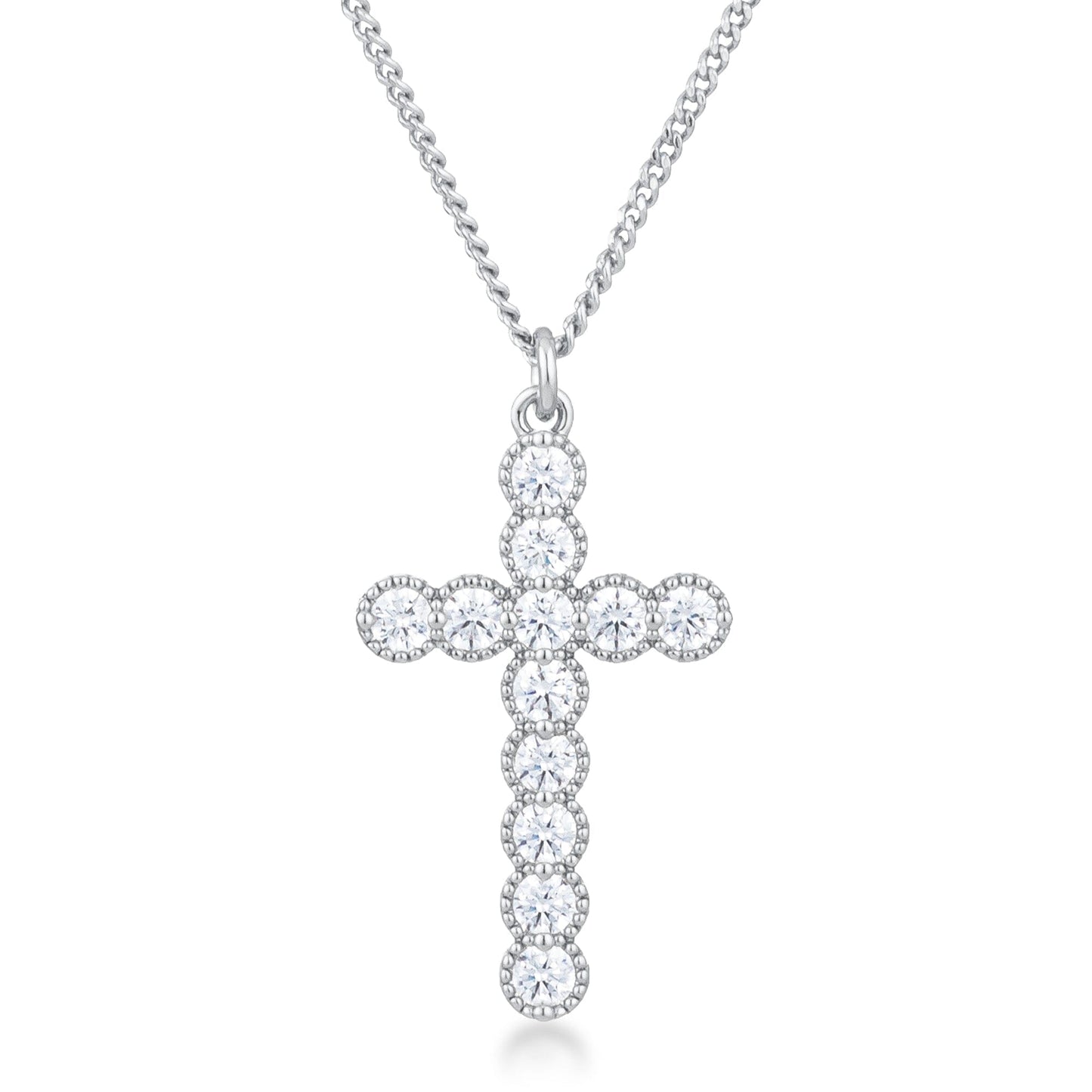 Micro Beaded Rhodium Plated Clear Cubic Zirconia Cross Pendant