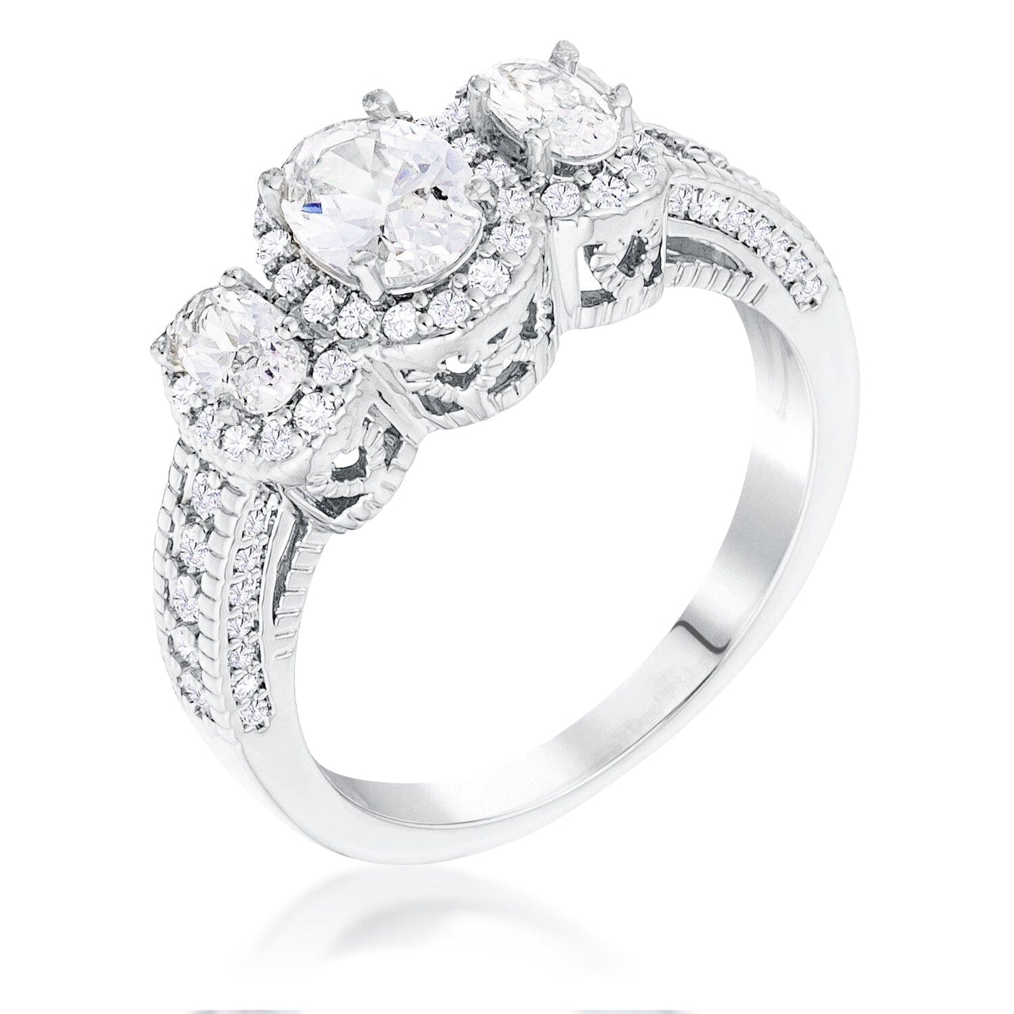 Rhodium Plated 3-Stone Clear Oval Cut Cubic Zirconia Halo Ring Rings Das Juwel