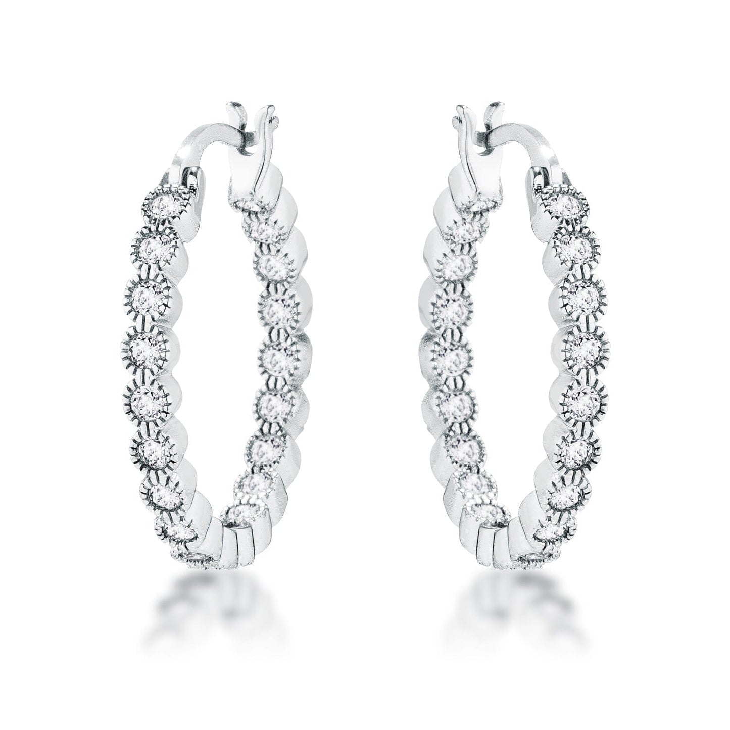 Rhodium Plated Dotted Clear Cubic Zirconia Round Bezel Hoop