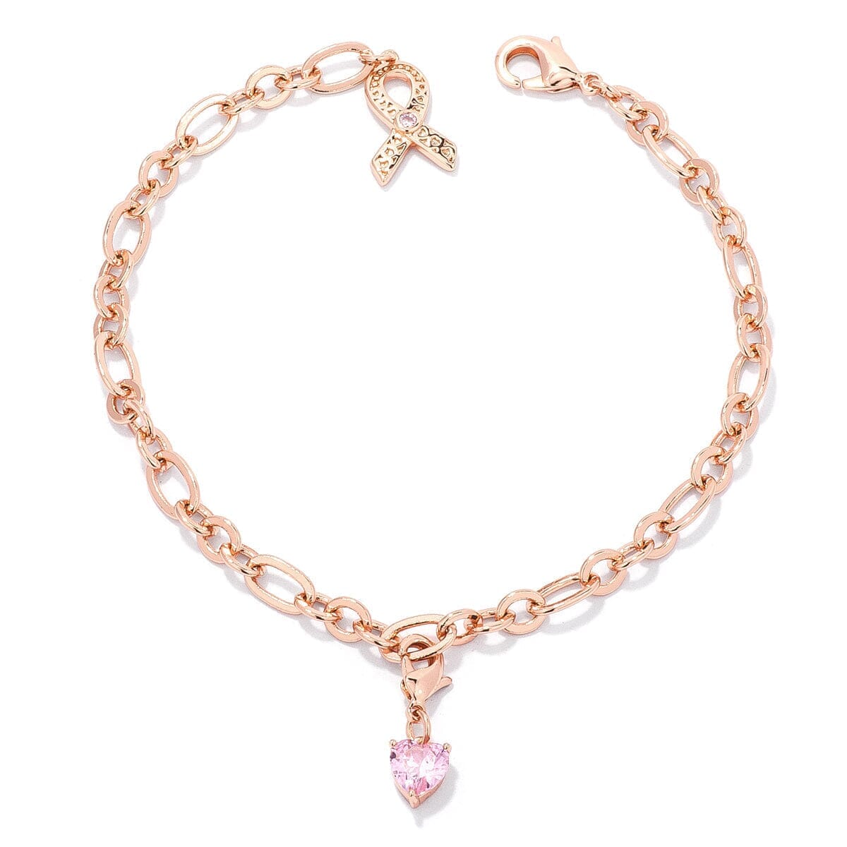Rose Gold Plated Breast Cancer Awareness Ribbon and Heart Charm Bracelet Bracelets Das Juwel