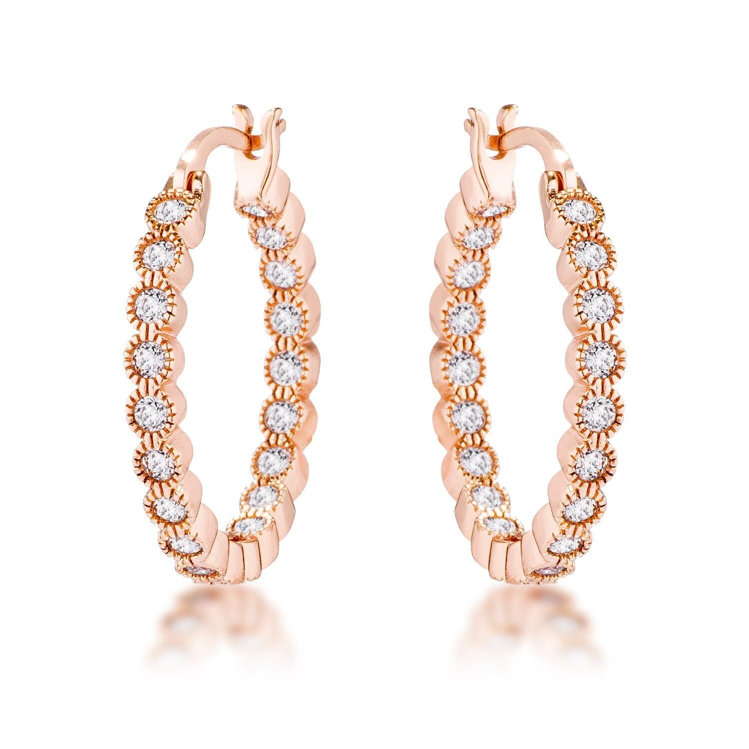 Rose Gold Plated Dotted Clear Cubic Zirconia Round Bezel Hoop Earrings Earrings Das Juwel 