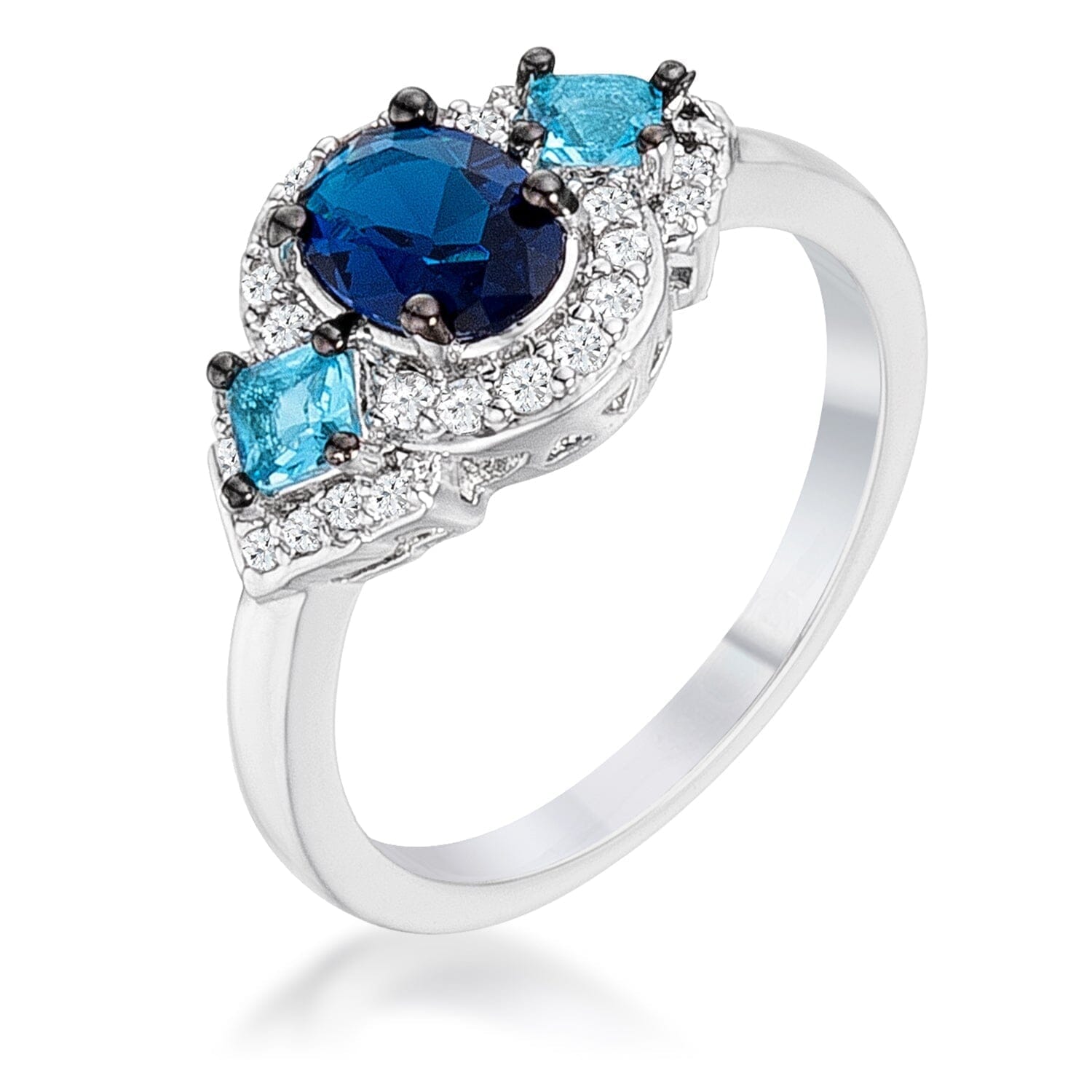 1.3Ct Rhodium and Hematite Plated Shades of Blue Cubic Zirconia Three Stone Engagement Ring Rings Das Juwel 
