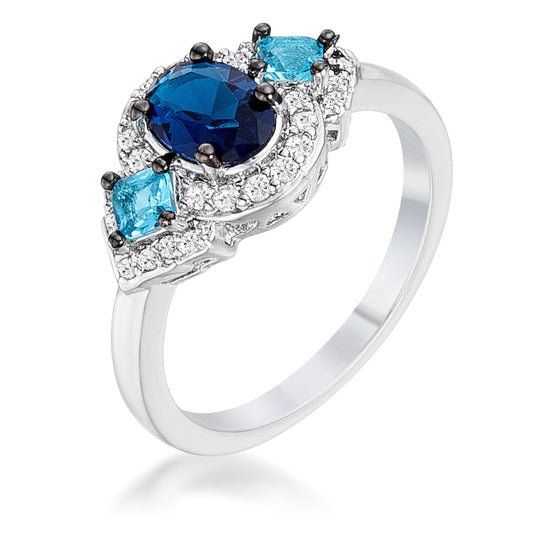 1.3Ct Rhodium and Hematite Plated Shades of Blue Cubic Zirconia Three Stone Engagement Ring  
