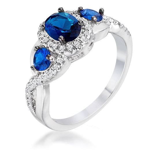 1.43Ct Rhodium & Hematite Plated Sapphire Blue & Clear Cubic Zirconia Three Stone Twisted Ring  
