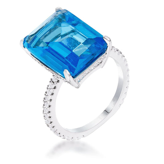 15Ct Rhodium Plated Aqua Blue Emerald Cut Pave Ring Rings Das Juwel 