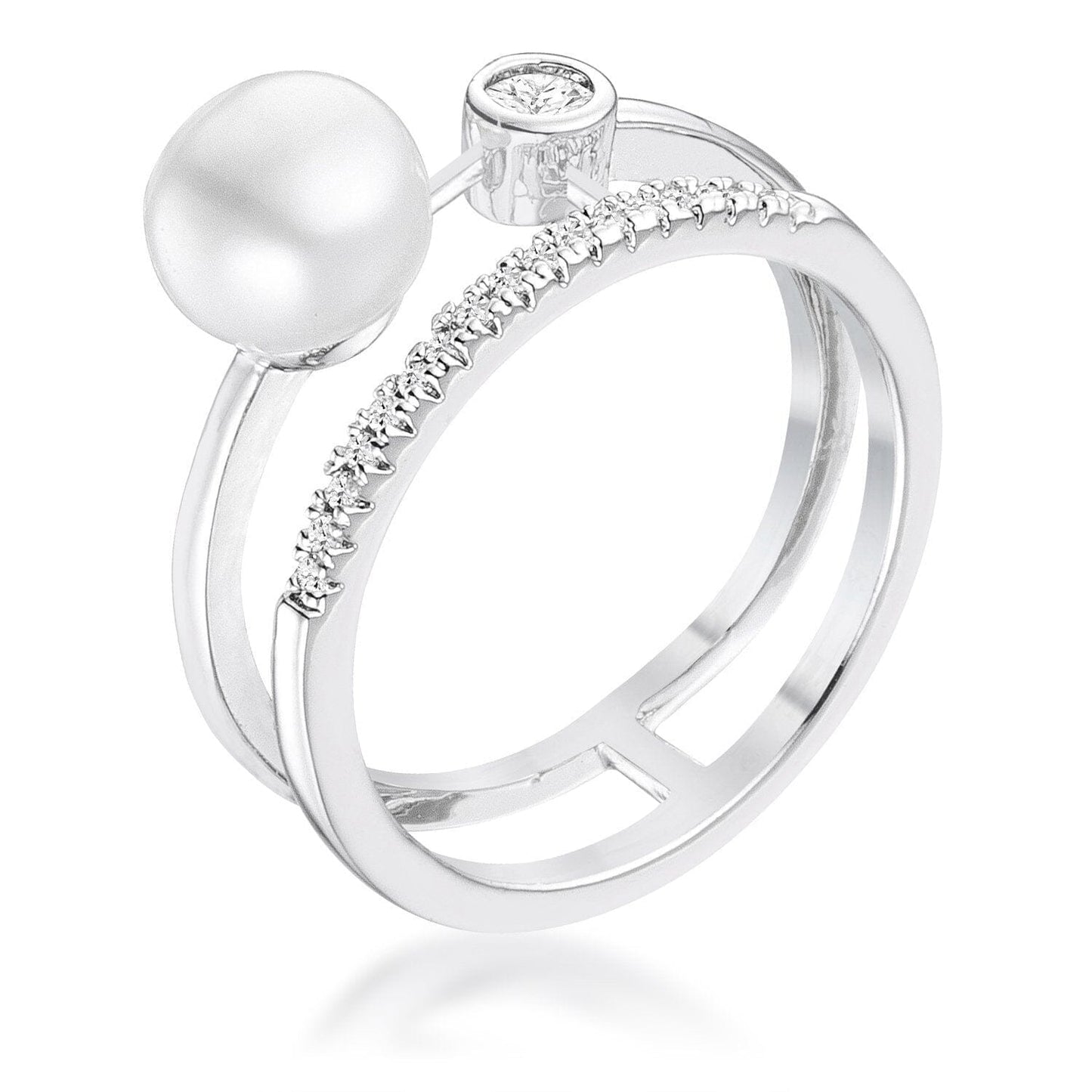 .15Ct Rhodium Plated Cubic Zirconia and Freshwater Pearl Contemporary Double Band Ring Rings Das Juwel 