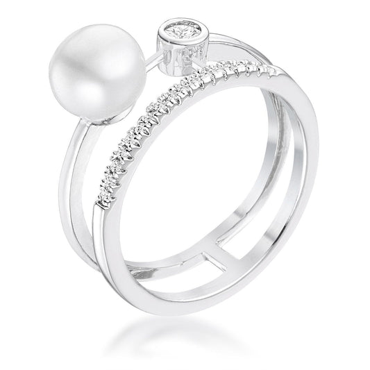 .15Ct Rhodium Plated Cubic Zirconia and Freshwater Pearl Contemporary Double Band Ring  