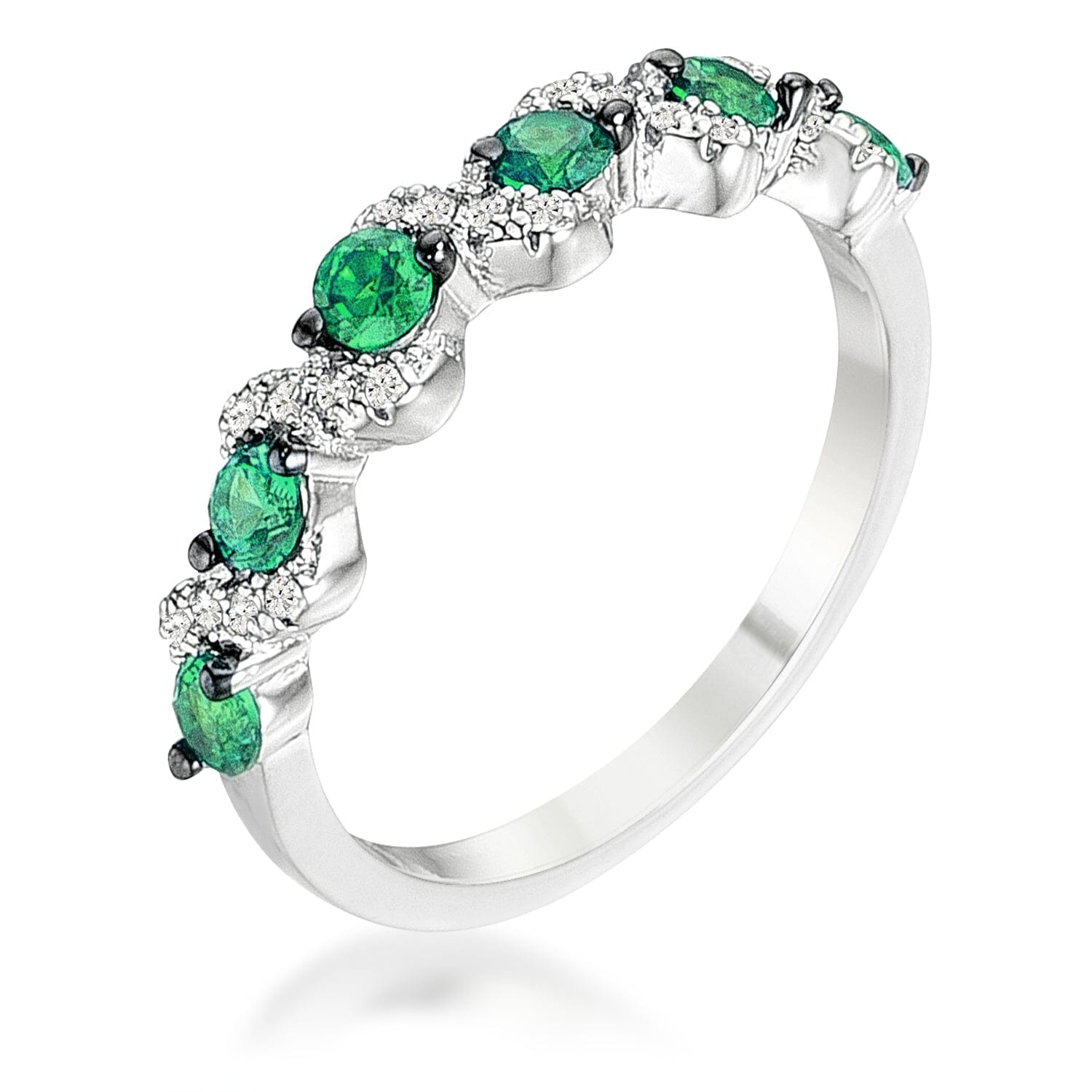 .18Ct Rhodium and Hematite Plated S Shape Emerald Green and Clear Cubic Zirconia Half Eternity Band Rings Das Juwel 