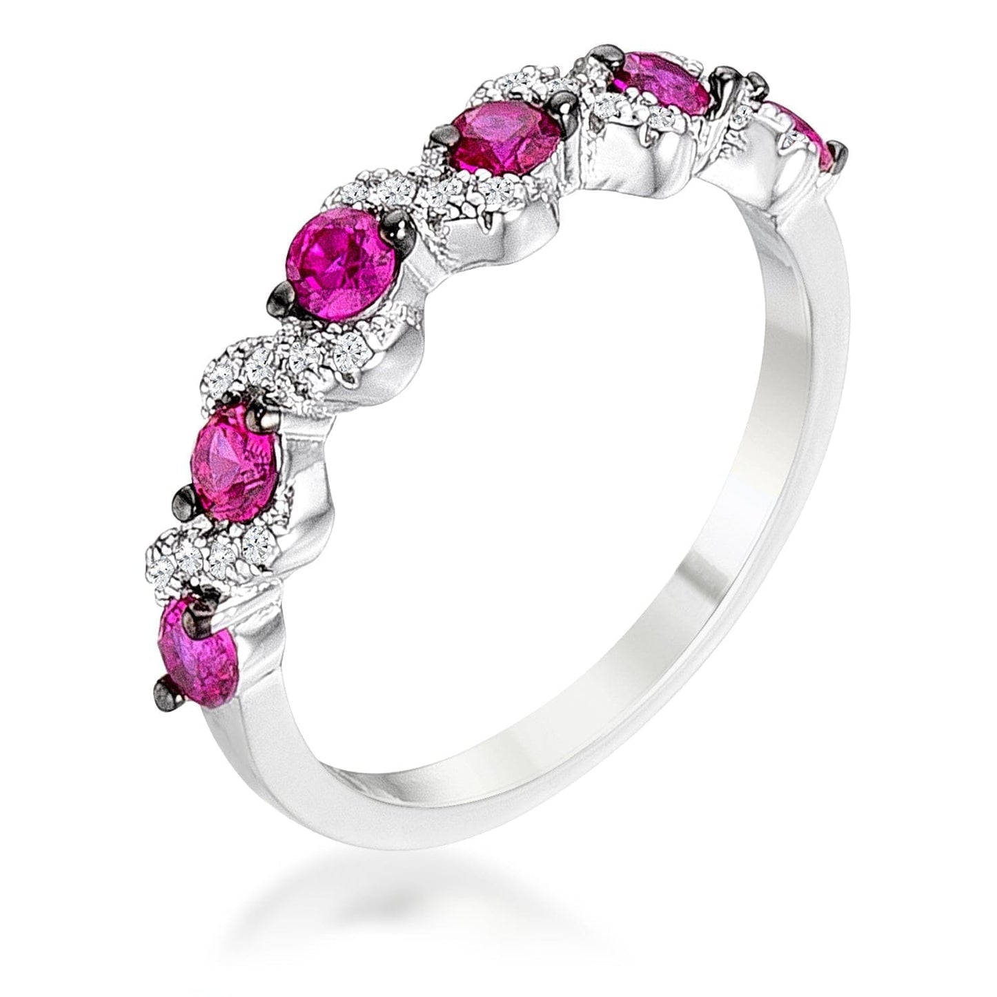 .18Ct Rhodium and Hematite Plated S Shape Fuchsia and Clear Cubic Zirconia Half Eternity Band Rings Das Juwel 