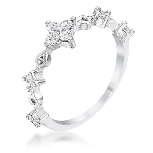 .24Ct Rhodium Plated Clear Cubic Zirconia Mini Floral Half Eternity Stackable Band  