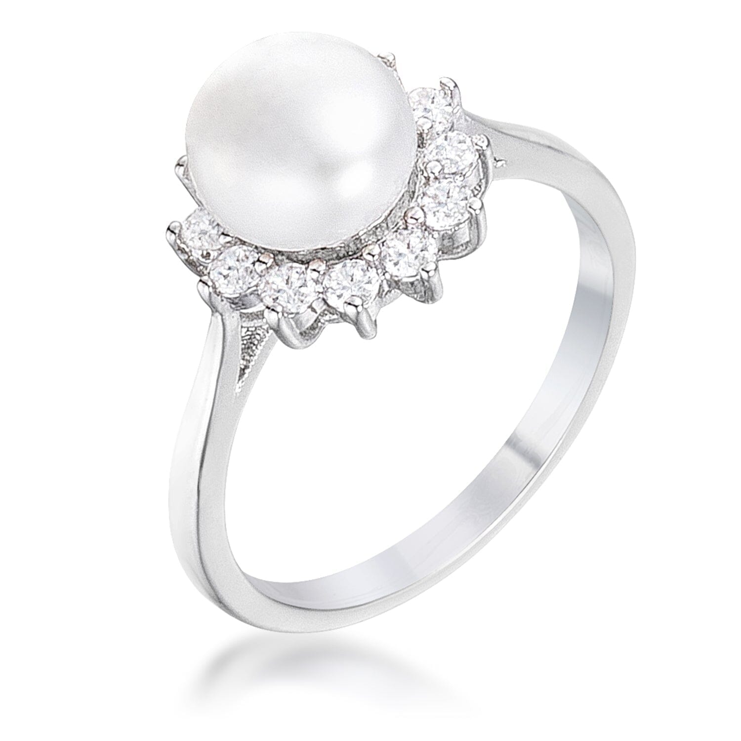 .36Ct Rhodium Plated Freshwater Pearl and Cubic Zirconia Halo Ring Rings Das Juwel 