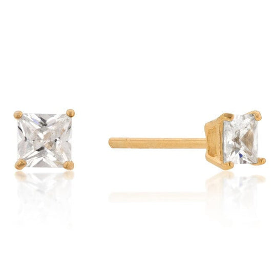 4mm New Sterling Princess Cut Cubic Zirconia Studs Gold  
