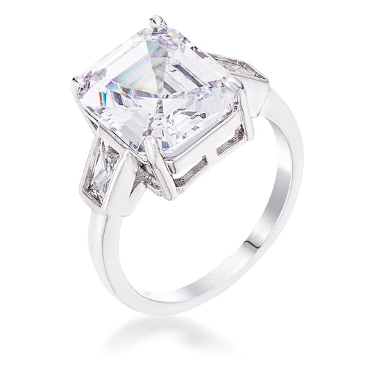 9.71 Ct Rhodium Triple Stone Emerald Cut Cubic Zirconia Ring  