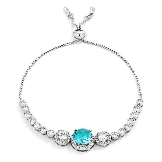 Adjustable Rhodium Plated Graduated Aqua Cubic Zirconia Bolo Style Tennis Bracelet  