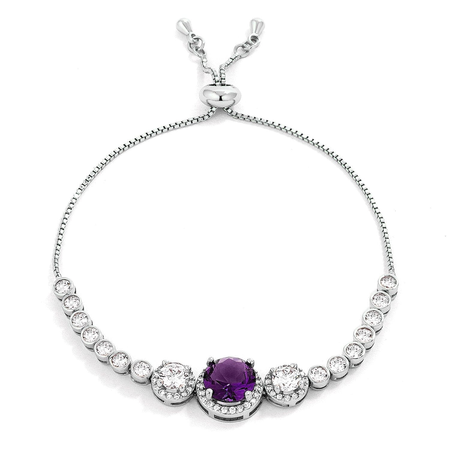 Adjustable Rhodium Plated Graduated Purple & Clear Cubic Zirconia Bolo Style Tennis Bracelet Bracelets Das Juwel 