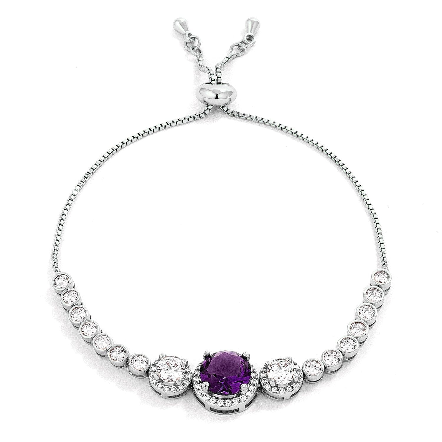Adjustable Rhodium Plated Graduated Purple & Clear Cubic Zirconia Bolo Style Tennis Bracelet  