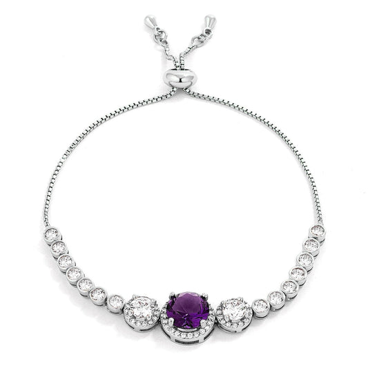 Adjustable Rhodium Plated Graduated Purple & Clear Cubic Zirconia Bolo Style Tennis Bracelet  