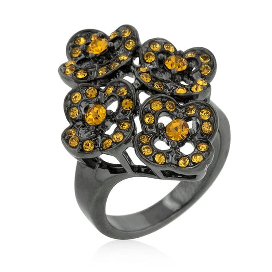 Black Mystique Yellow Crystal Floral Ring  