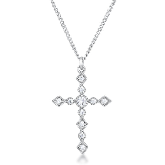 Dainty Art Deco Rhodium Plated Clear Cubic Zirconia Cross Pendant Pendants Das Juwel 