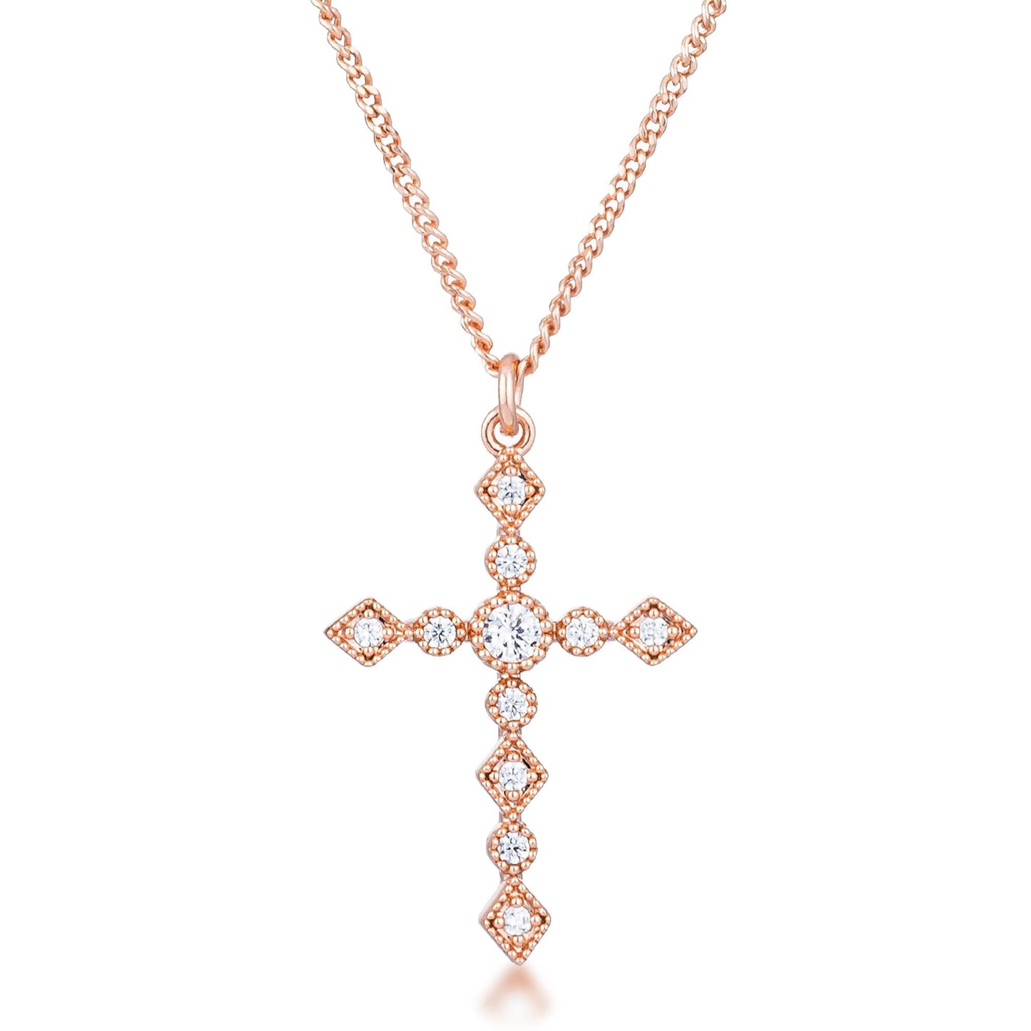 Dainty Art Deco Rose Gold Plated Clear Cubic Zirconia Cross Pendant Pendants Das Juwel 