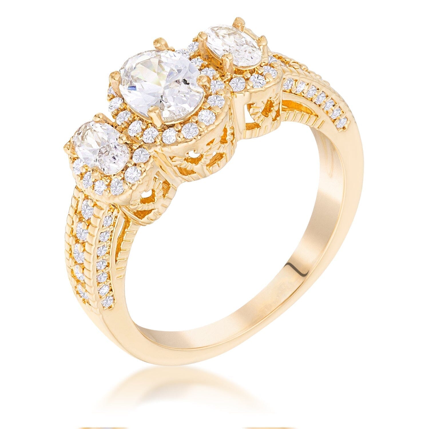 Gold Plated 3-Stone Clear Oval Cut Cubic Zirconia Halo Ring Rings Das Juwel 