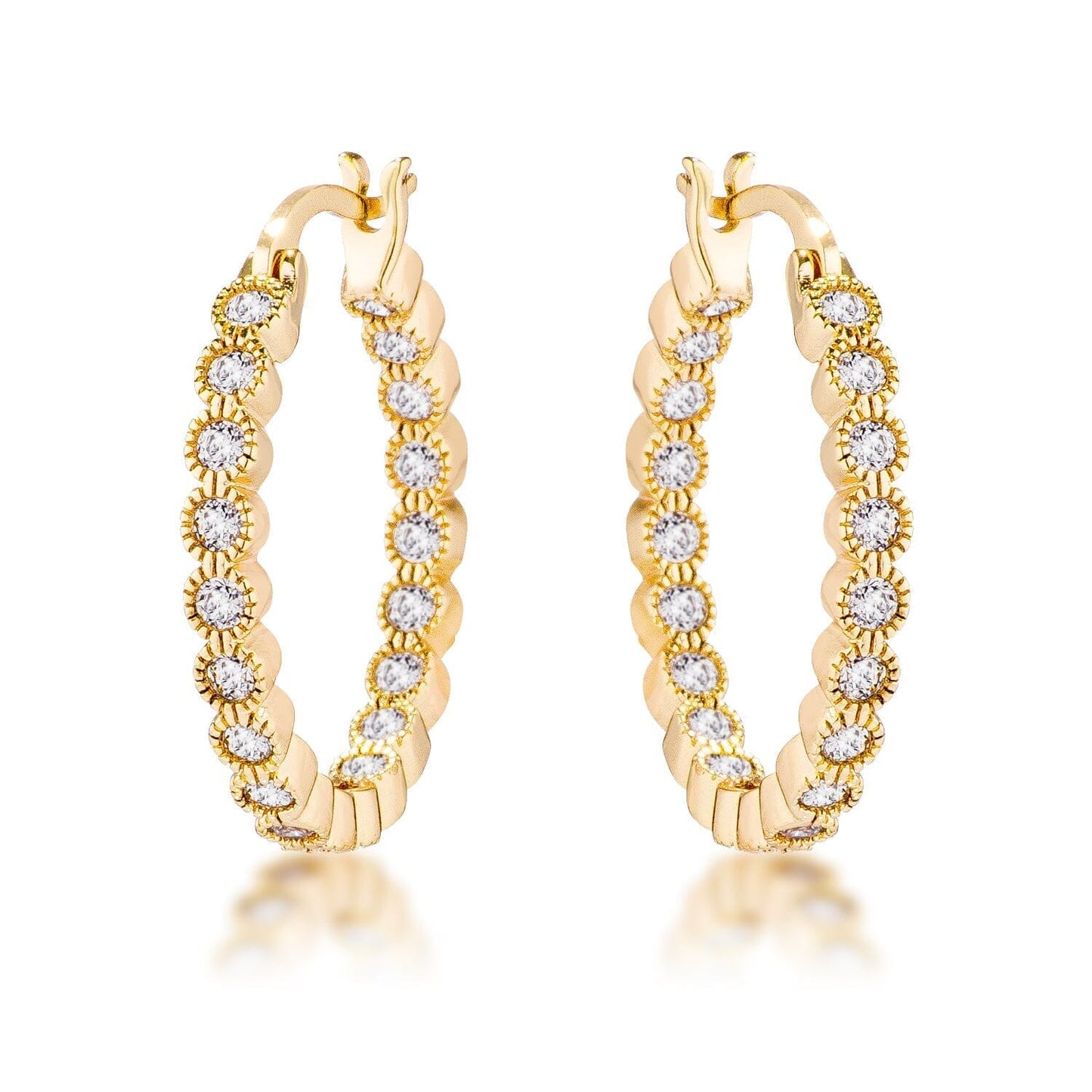 Gold Plated Dotted Clear Cubic Zirconia Round Bezel Hoop  