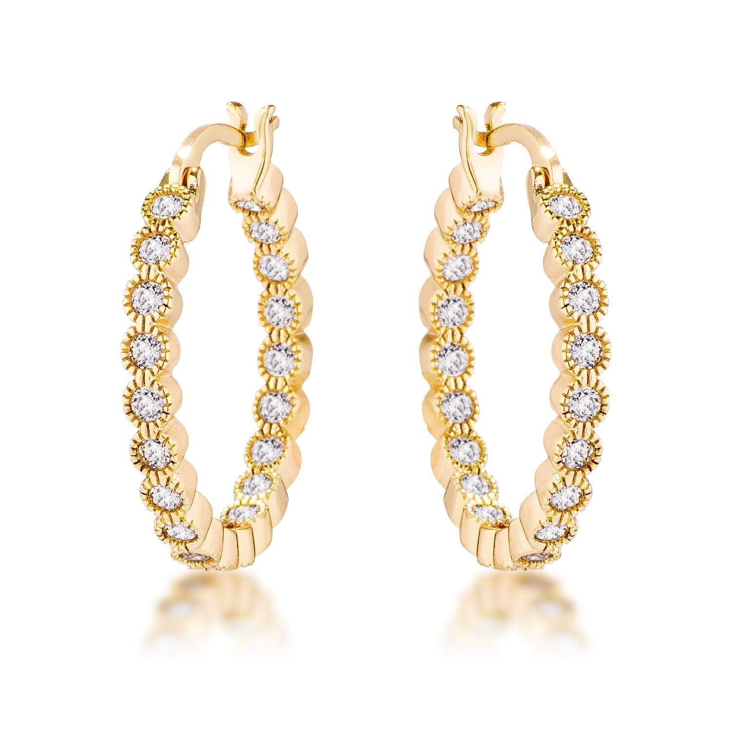 Gold Plated Dotted Clear Cubic Zirconia Round Bezel Hoop  