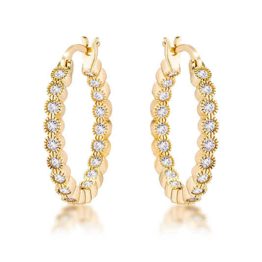 Gold Plated Dotted Clear Cubic Zirconia Round Bezel Hoop  