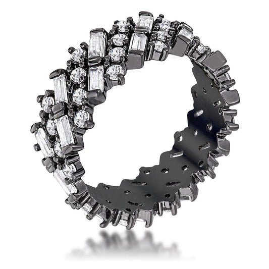 Hematite Clear Cubic Zirconia Alternating Baguette Round Eternity Band  