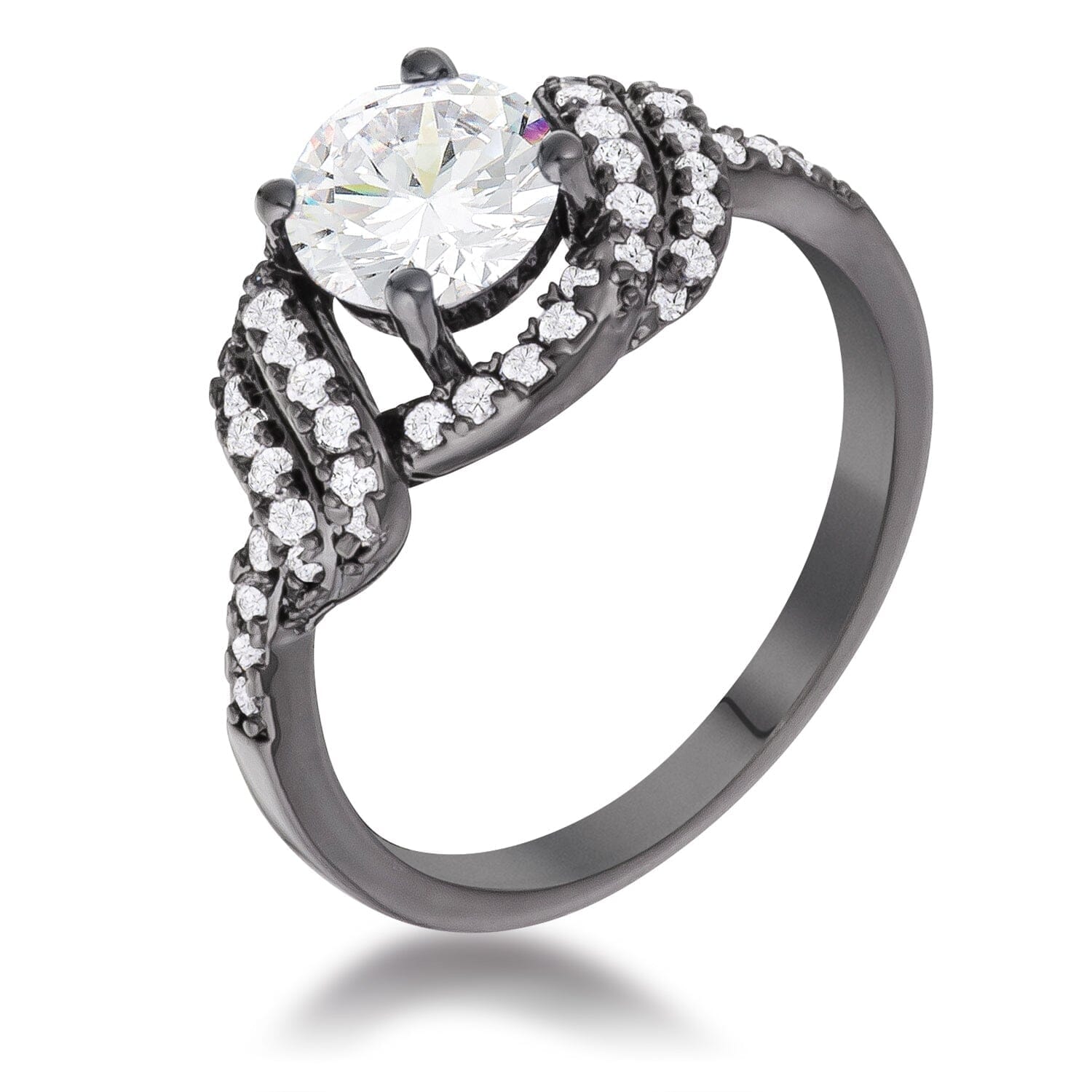 Hematite Clear Cubic Zirconia Round Parallel Pave Twist Ring  