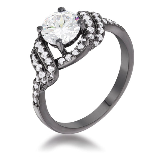 Hematite Clear Cubic Zirconia Round Parallel Pave Twist Ring  