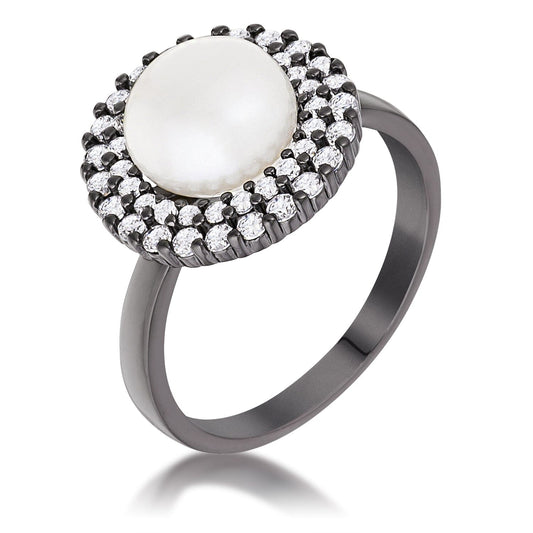 Hematite Double Halo Ethereal Pearl Cocktail Ring  
