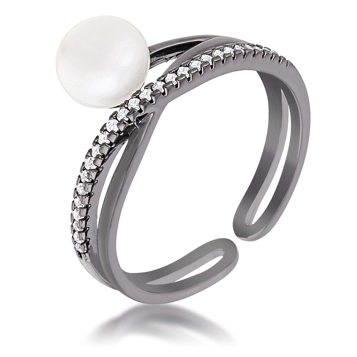 Hematite Pearl Ribbon Bypass Half Pave Ring  