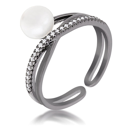 Hematite Pearl Ribbon Bypass Half Pave Ring  