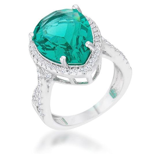 Laura 9.9ct Blue Green Cubic Zirconia Rhodium Classic Teardrop Ring  