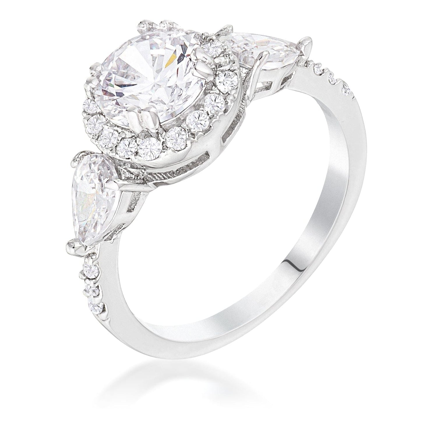 Rhodium Plated 3-Stone Clear Cubic Zirconia Round Halo Pear Engagement Ring  