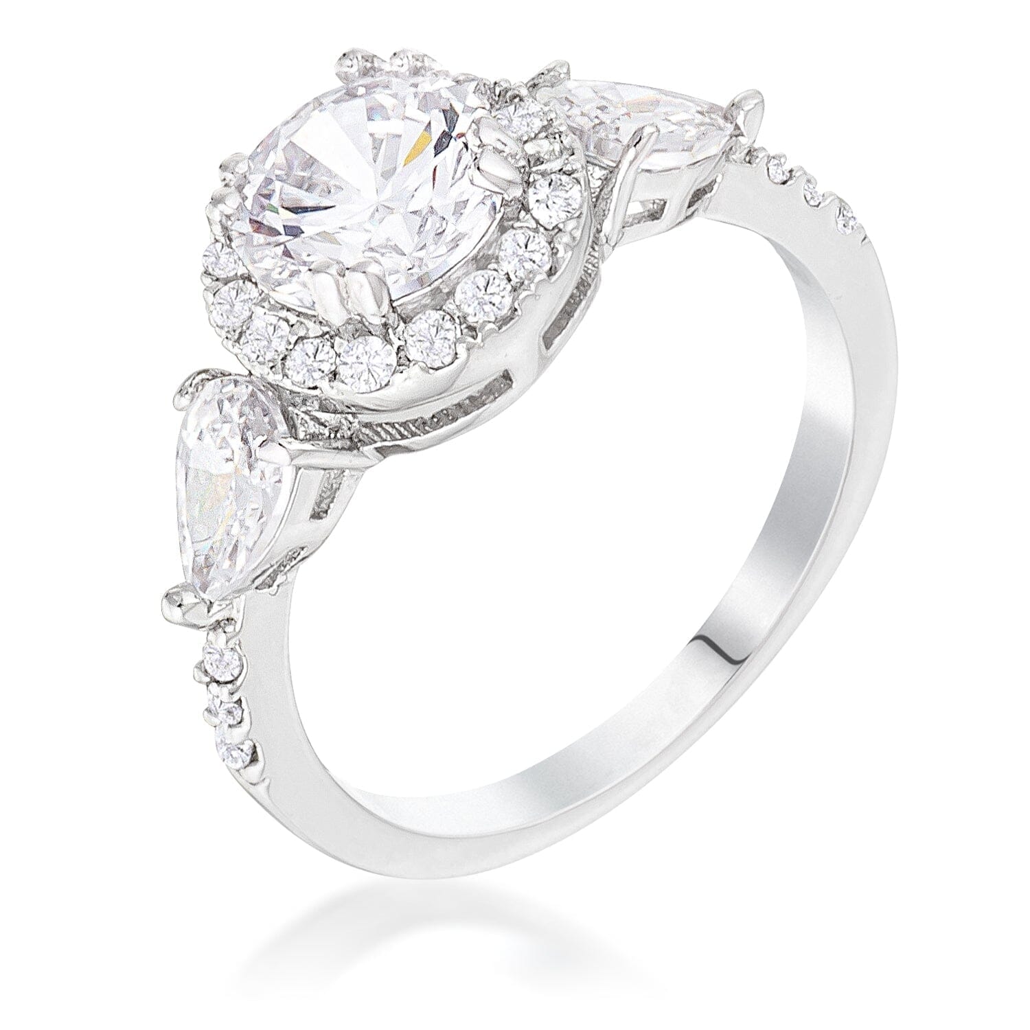 Rhodium Plated 3-Stone Clear Cubic Zirconia Round Halo Pear Engagement Ring  