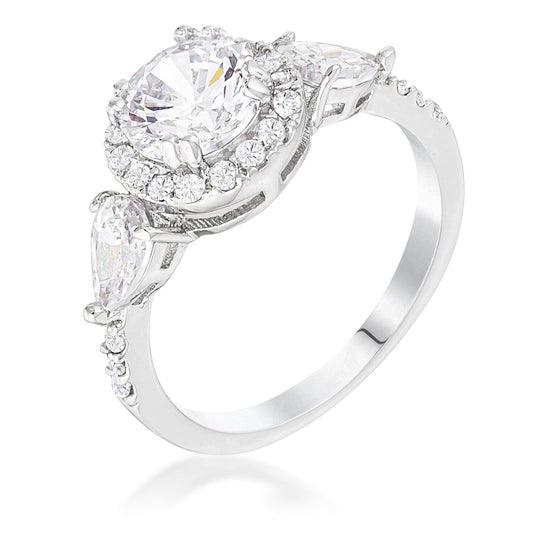 Rhodium Plated 3-Stone Clear Cubic Zirconia Round Halo Pear Engagement Ring  