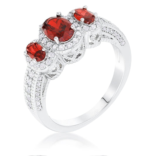 Rhodium Plated 3-Stone Garnet Oval Cut Cubic Zirconia Halo Ring  