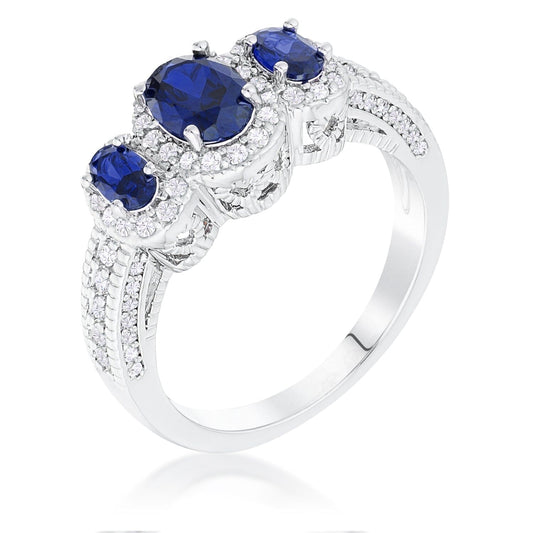 Rhodium Plated 3-Stone Sapphire Blue Oval Cut Cubic Zirconia Halo Ring  