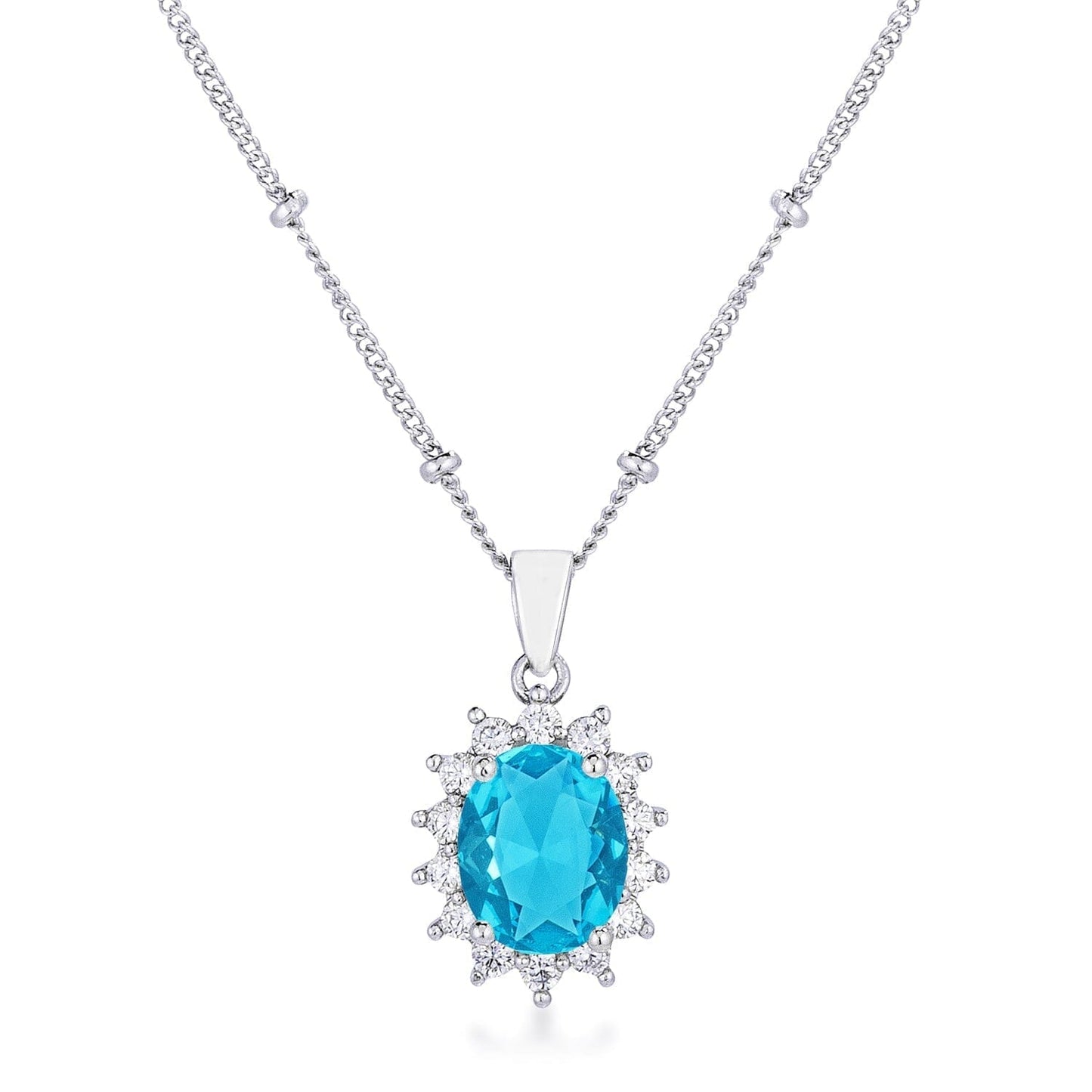 Rhodium Plated Aqua Blue Petite Royal Oval Pendant  