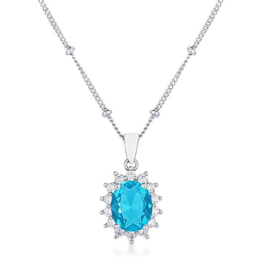 Rhodium Plated Aqua Blue Petite Royal Oval Pendant  