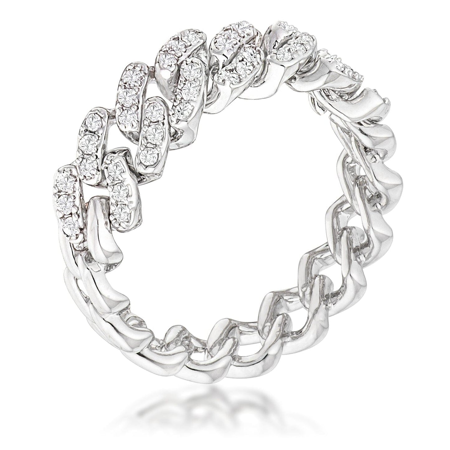 Rhodium Plated Clear Cubic Zirconia Round Cut Flexible Chain Ring Rings Das Juwel 
