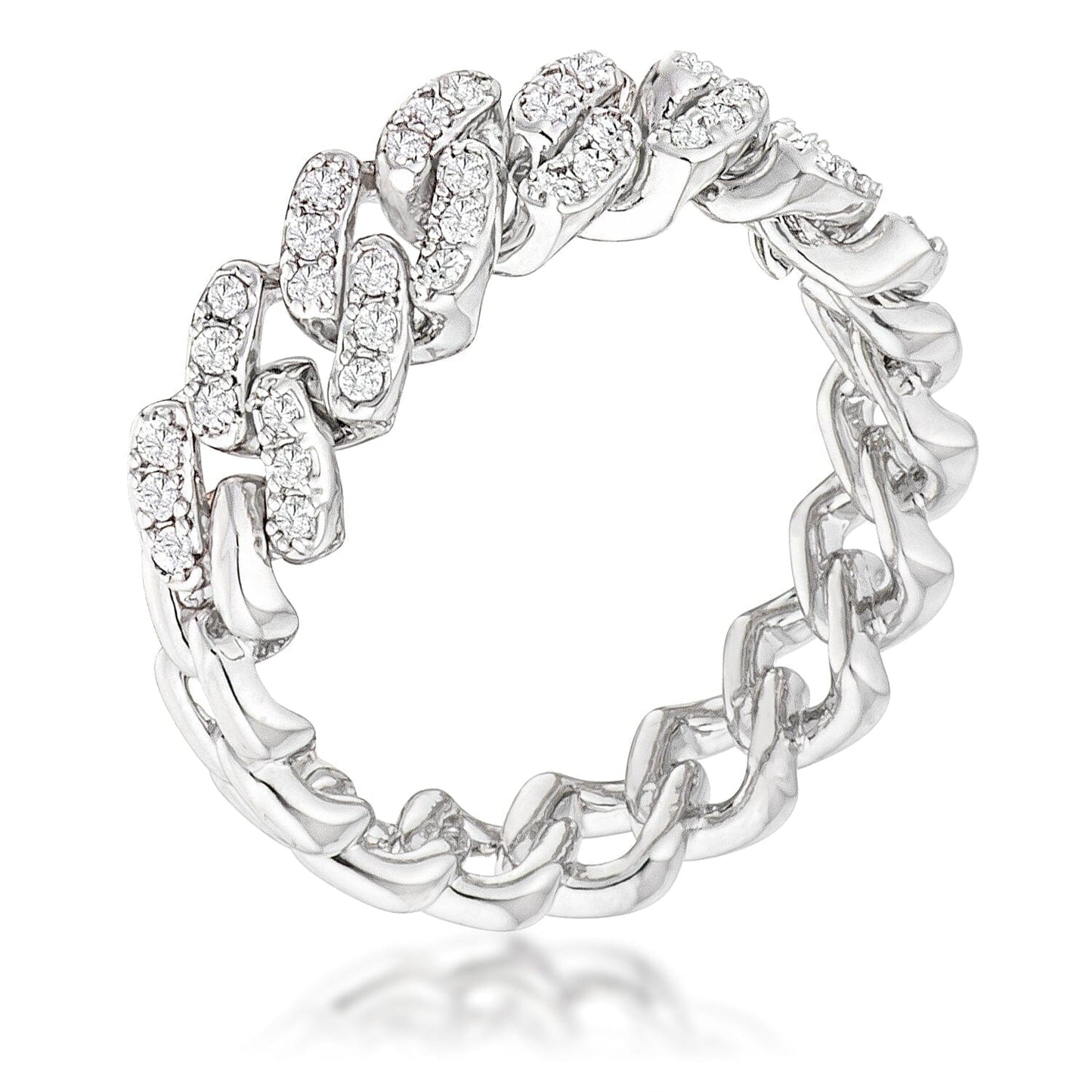 Rhodium Plated Clear Cubic Zirconia Round Cut Flexible Chain Ring  